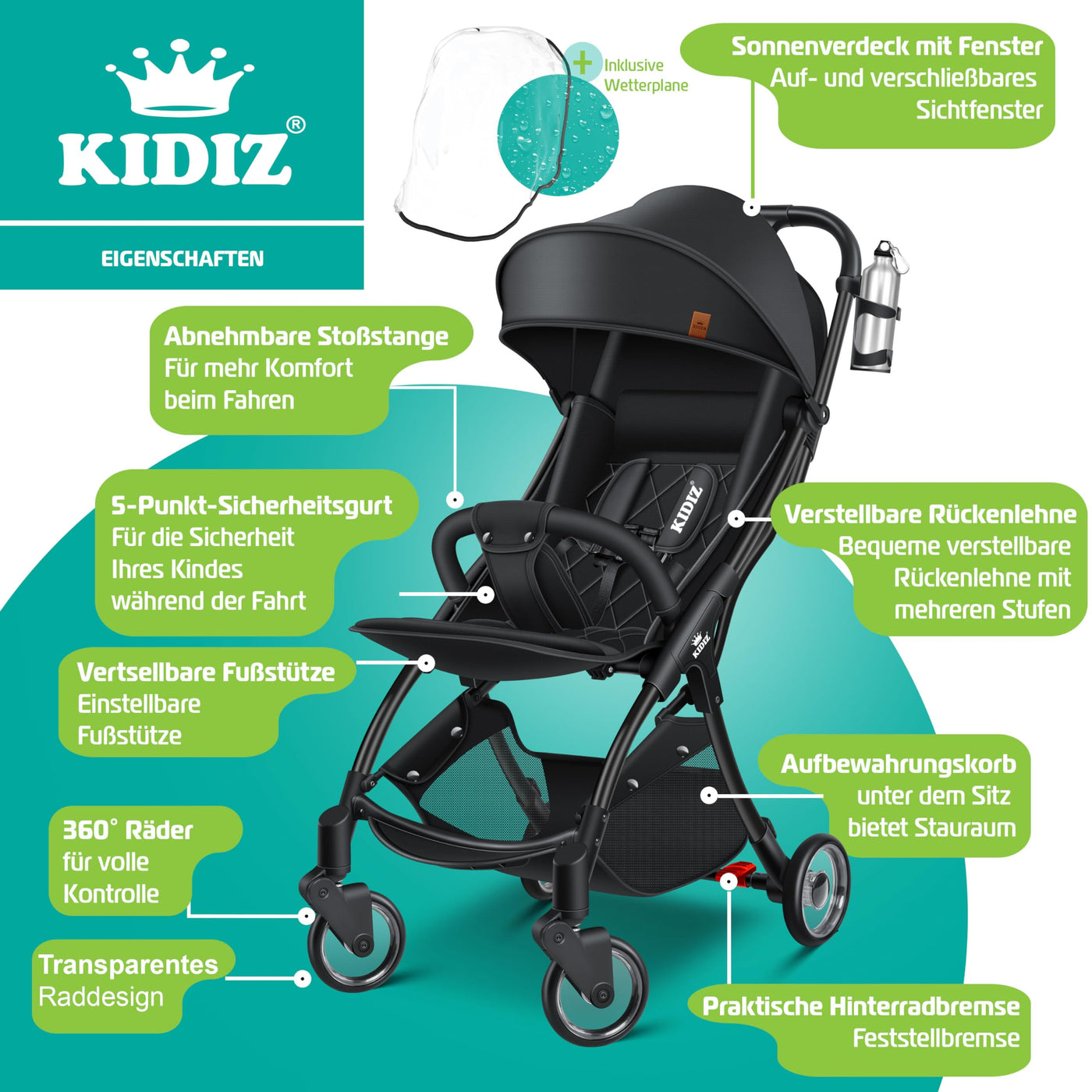 KIDIZ® Kinderwagen Premium Kinderbuggy klappbar Liegebuggy Sportwagen Faltbar 360°Räder 5-Punkt Gurt Inkl. Getränkehalter & Regenabdeckung, verstellbare Rückenlehne & Sonnenverdeck Schwarz