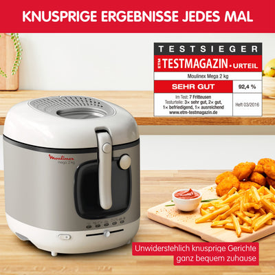 Moulinex AM4800 Mega 2kg Fritteuse | Fritteuse mit Öl | Anti-Geruchs-Filter | regelbare Temperatur | leichte Reinigung | knusprige Pommes | 1.800 Watt | für bis zu 8 Personen | Weiß/Silber | Gross