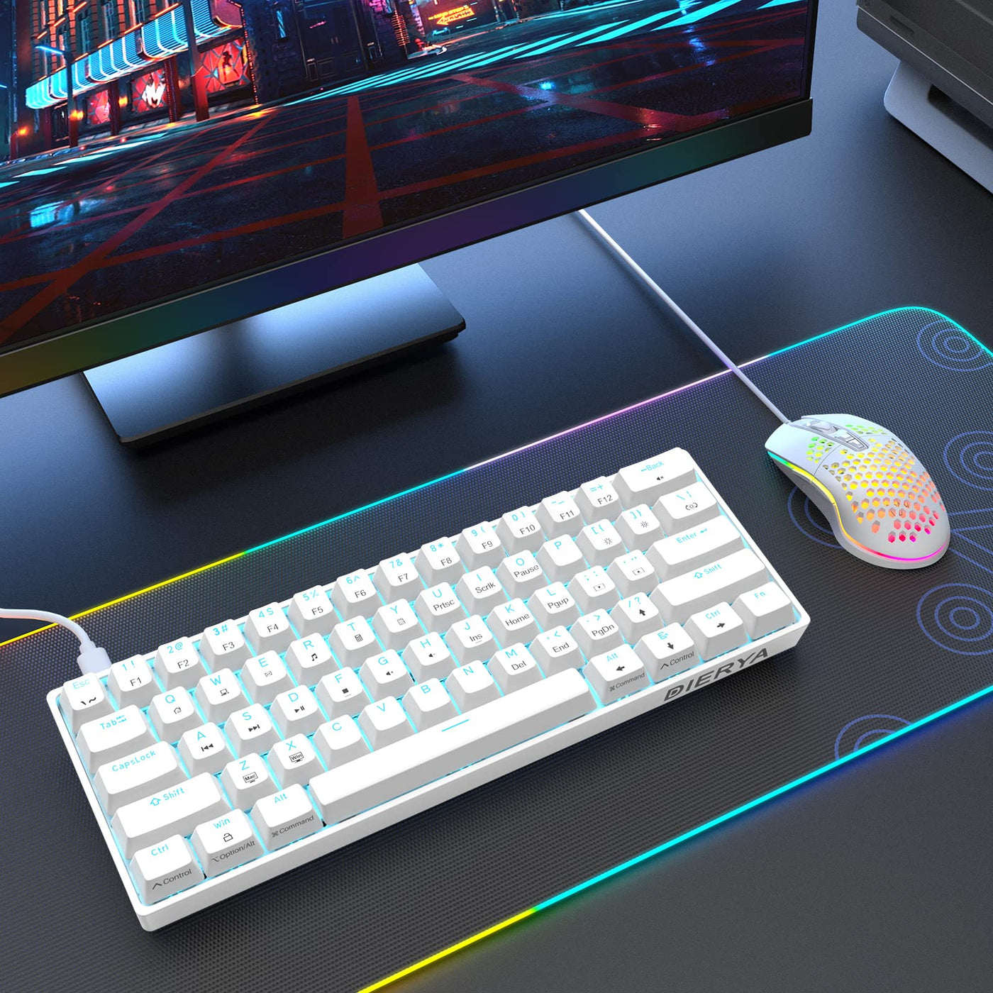 Dierya DK61se Gaming Tastatur,60% Prozent Mechanische Tastatur mit Blue Clicky Switch,Ultra-Compact Mini 61 Tasten Anti-Ghosting,Typ-C-Datenkabel,US Layout für PC Windows Gamer Typist,Weiß