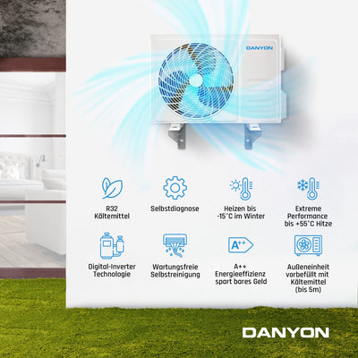 Danyon Klimaanlage Split - 12000 BTU - 3,4 kW, Selbstreinigung, leise, Smart Home, Inverter Klimagerät mit Heizfunktion, Splitgerät vorgefüllt mit R32 Kältemittel, Timer, bis 59 m2, 5m Komplettset