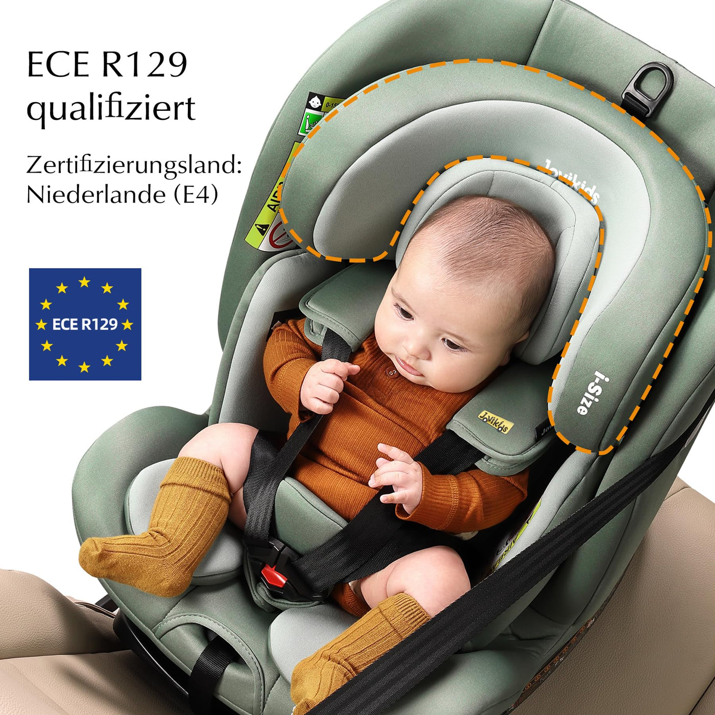 Jovikids 360° Drehbar Kindersitz mit ISOFIX und Ruheposition, i-Size(ECE R129) 40-150cm(0-36kg) Reboarder Baby Autositz, ab Geburt -12 Jahre (grün)