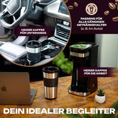 Clatronic Kaffeemaschine mit 400ml Kaffee To Go Becher | passend für alle gängigen Getränkehalter (z. B. Auto) | Filterkaffeemaschine mit Edelstahlbecher und Aromadeckel |Kaffeemaschine klein KA 3733