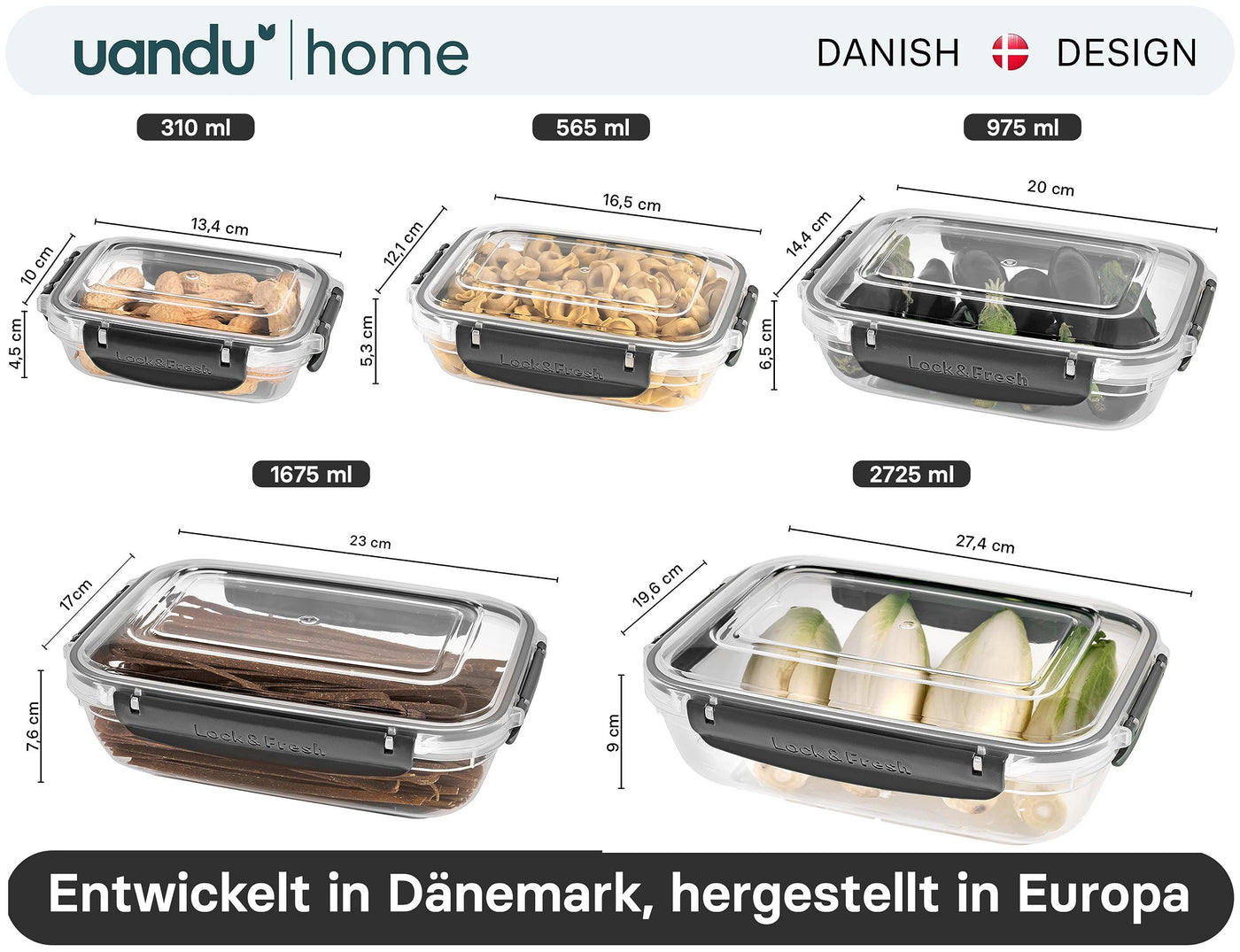 uandu Frischhaltedosen mit Deckel für Lebensmittel, 5er Tupperdosen Set, Vorratsdosen mit Deckel Luftdicht Set, Meal Prep Boxen, Mikrowellengeschirr mit Deckel und Gefriergeeignet, BPA frei Kunststoff