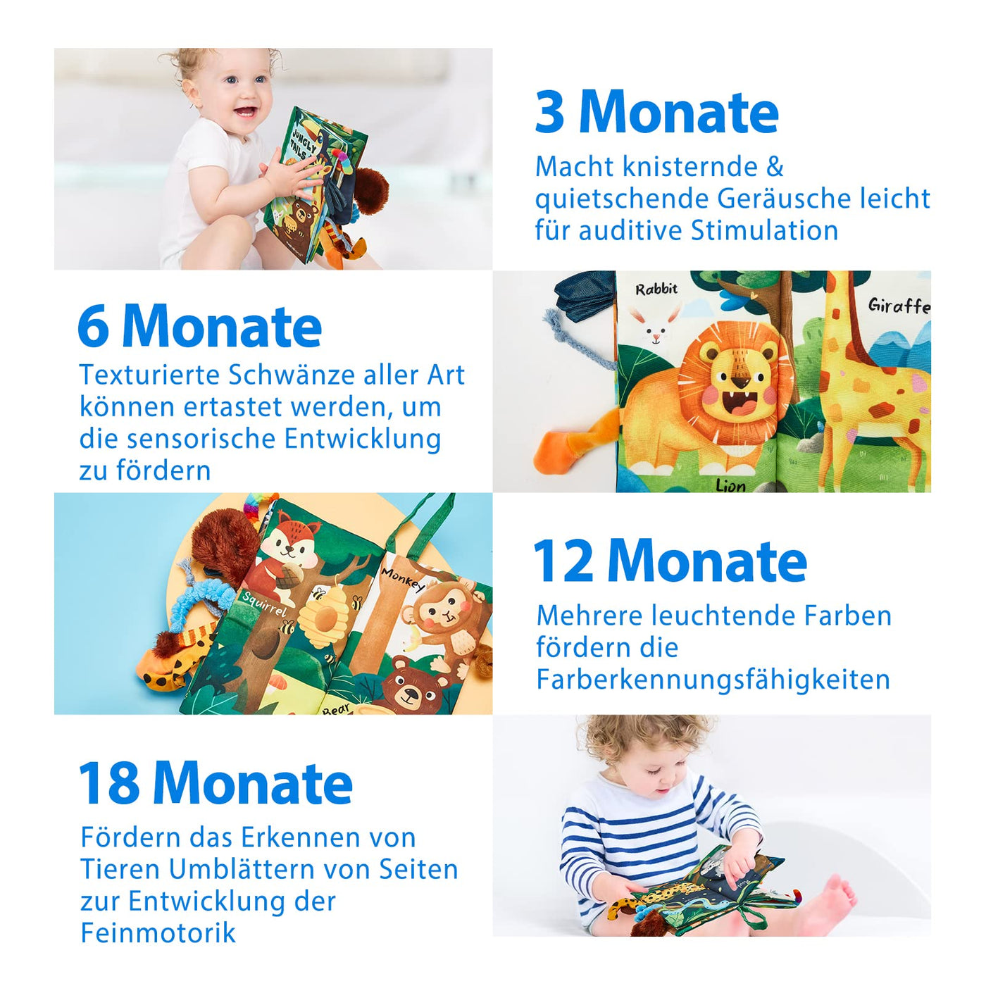 hahaland Babybuch Baby Stoffbuch Buch Spielzeug 0 Monate 3D Bilderbuch Stoffbücher Fühlbuch Knisterbuch ab 0 3 6 Monate Quiet Book Geschenk für Jungen Mädchen