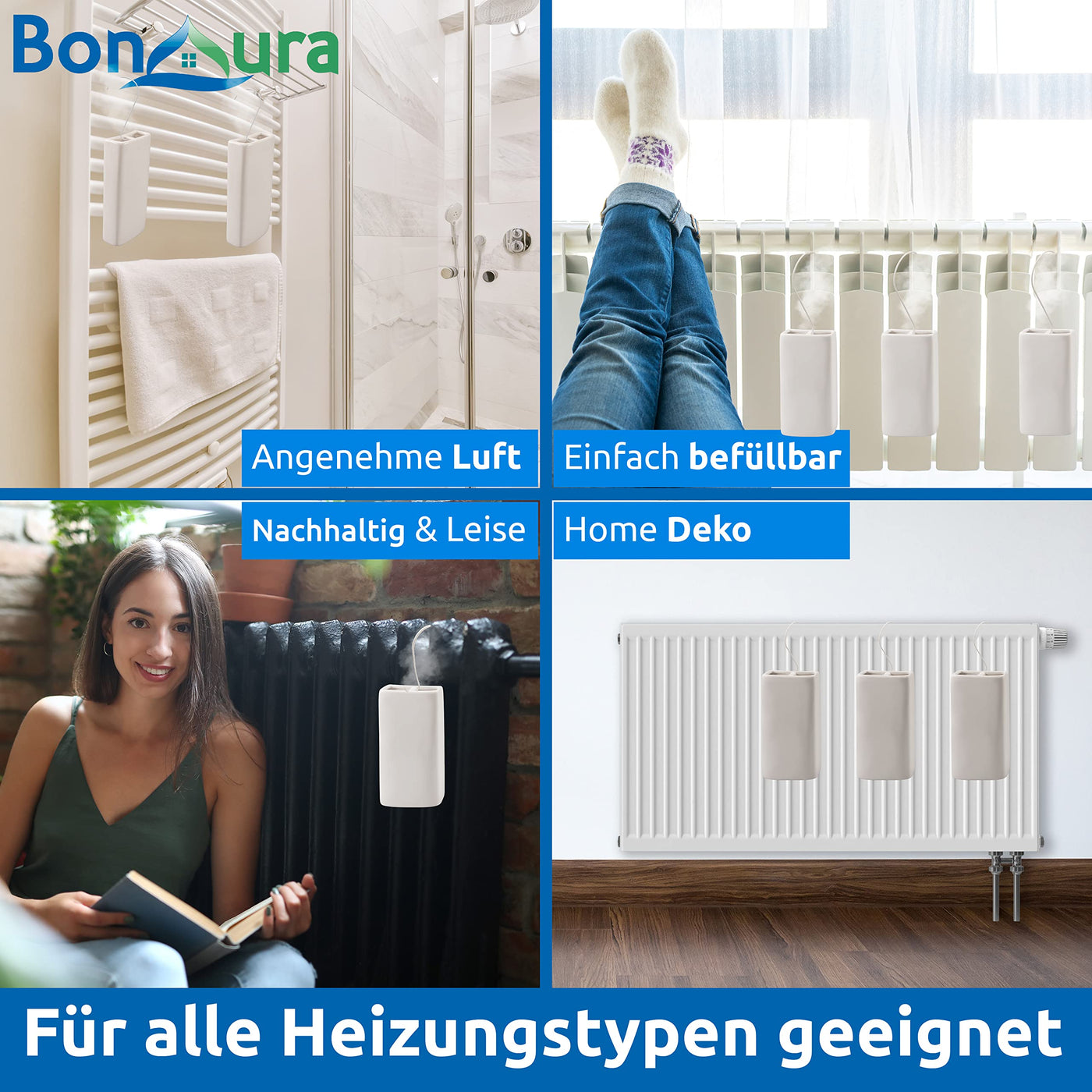 BonAura® Luftbefeuchter Heizung Keramik I Haken & Duftöl [4er Spar-Set, 400ml] I Wasserverdunster für Heizkörper mit Duft I Verdunster & Befeuchter Wasser Behälter