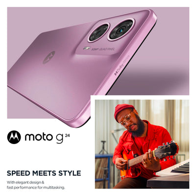 Motorola Mobility Moto g24 Smartphone (6,56"-HD+-Display, 50-MP-Kamera, 8/128 GB, 5000 mAh, Android 14) Pink Lavender, inkl. Schutzcover + Handyhalterung [Exklusiv bei Amazon]