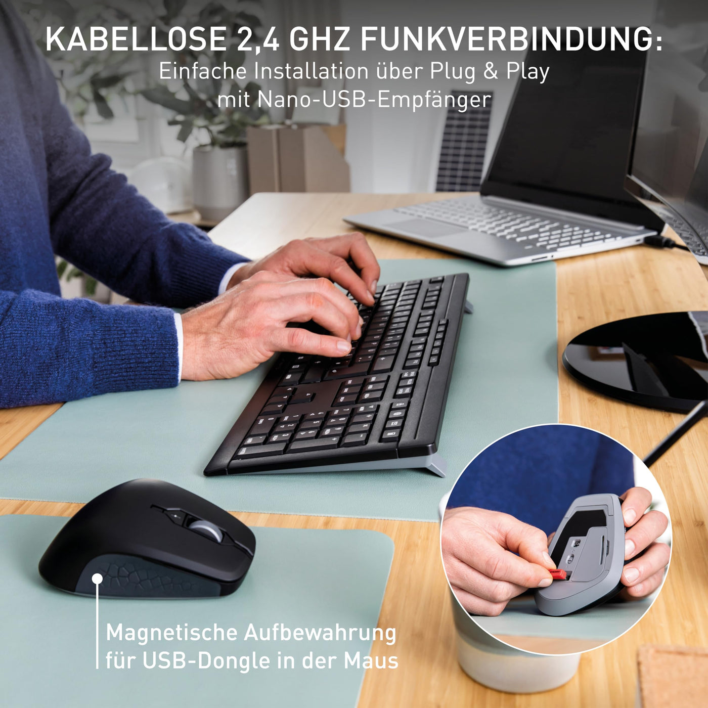 CHERRY STREAM DESKTOP COMFORT, Kabelloses Tastatur-Maus-Set, Deutsches Layout (QWERTZ), 2,4 GHz Funk, Leise Tasten, Ergonomische Rechtshändermaus, Weiß-Grau