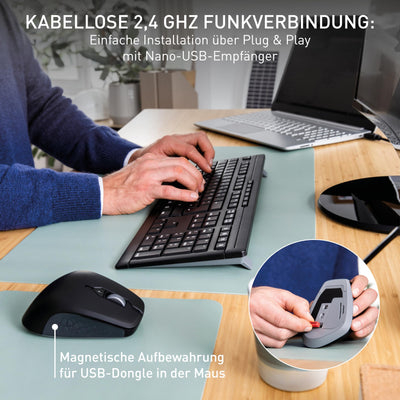 CHERRY STREAM DESKTOP COMFORT, Kabelloses Tastatur-Maus-Set, Deutsches Layout (QWERTZ), 2,4 GHz Funk, Leise Tasten, Ergonomische Rechtshändermaus, Schwarz