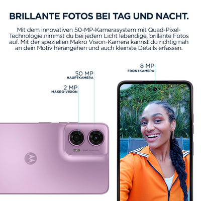 Motorola Mobility Moto g24 Smartphone (6,56"-HD+-Display, 50-MP-Kamera, 8/128 GB, 5000 mAh, Android 14) Pink Lavender, inkl. Schutzcover + Handyhalterung [Exklusiv bei Amazon]