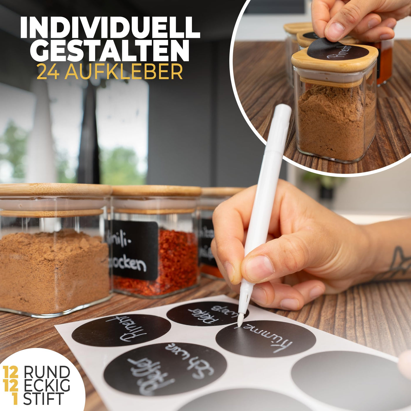 CLIDOR ® Gewürzgläser Eckig - 12 x 160 ml Set - Extra dickes Glas - Stapelbare Gewürzdosen mit Holzdeckel - Gewürz Organizer klein für die Küche - Spice Jars - geeignet als Gewürzaufbewahrung