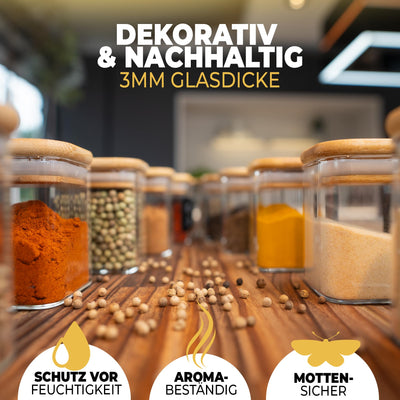 CLIDOR ® Gewürzgläser Eckig - 12 x 160 ml Set - Extra dickes Glas - Stapelbare Gewürzdosen mit Holzdeckel - Gewürz Organizer klein für die Küche - Spice Jars - geeignet als Gewürzaufbewahrung