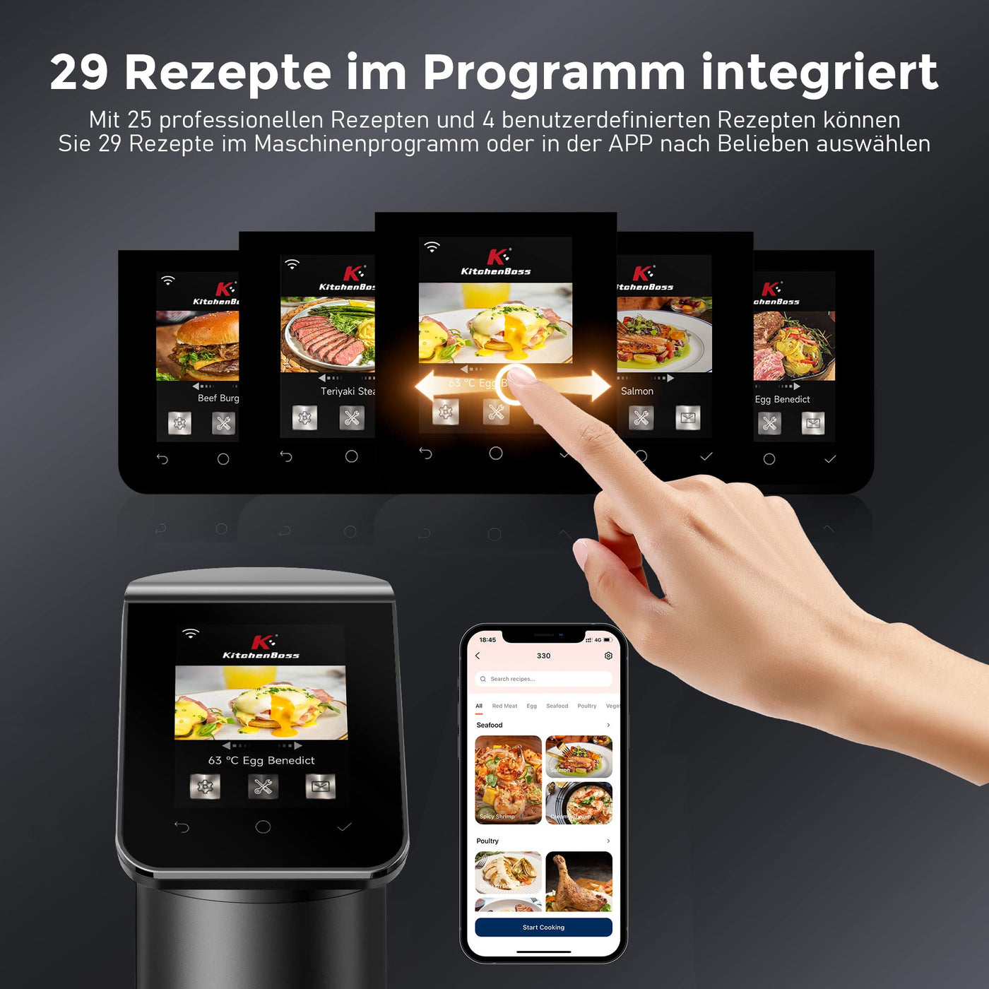 KitchenBoss Sous Vide Garer Stick WLAN: G330 Wifi Präzisionskocher Präziser Temperatureinstellung bis 90°C IPX7 Wasserdicht TFT Touch-Display Immersion Tauchzikulator 360° Zirkulation mit Timer