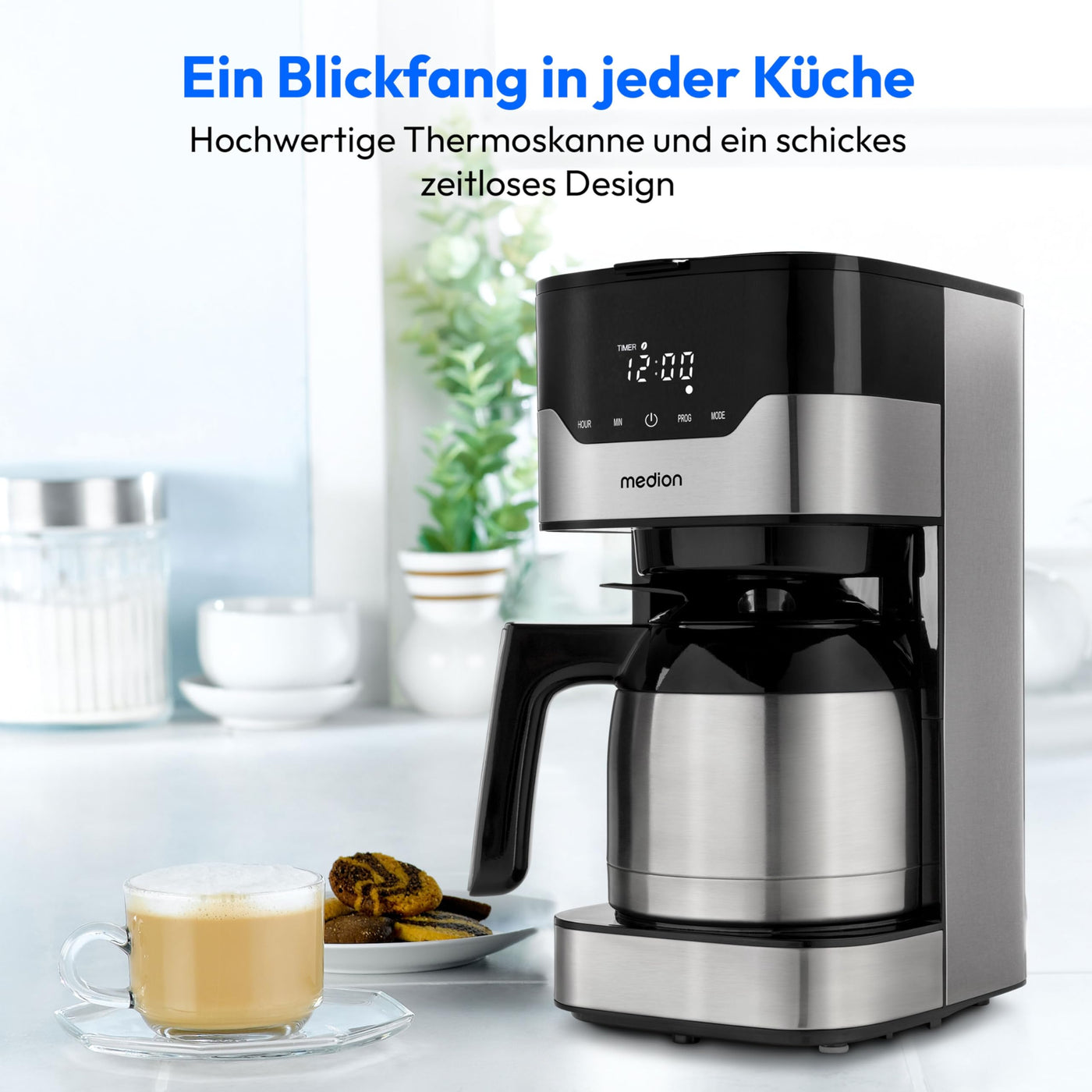 MEDION Kaffeemaschine mit Thermoskanne und Timer (Filtermaschine, 8 Tassen, 1,2 Liter, 900 Watt, 3 Stufen, Warmhaltefunktion, Timer Zeitschaltuhr, Antitropf, Display, MD18458) edelstahl