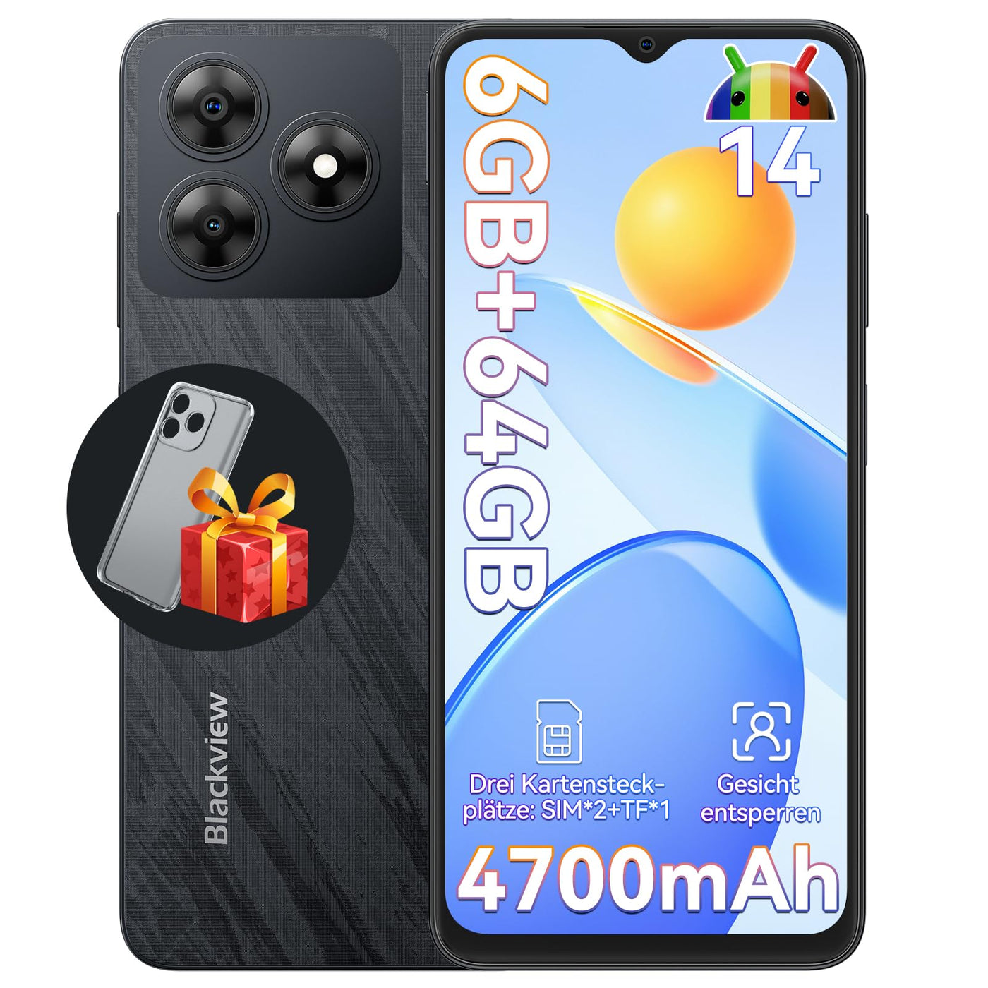 Blackview Wave 8C Handy Ohne Vertrag Günstig Android 14, 6GB+64GB/2TB SD, Octa Core 6,56" HD+, Akku 4700mAh, 13MP+8MP Kamera, 4G Dual SIM Smartphone Simlockfreie, 3.5mm Jack/GPS/2 Jahre Garantie