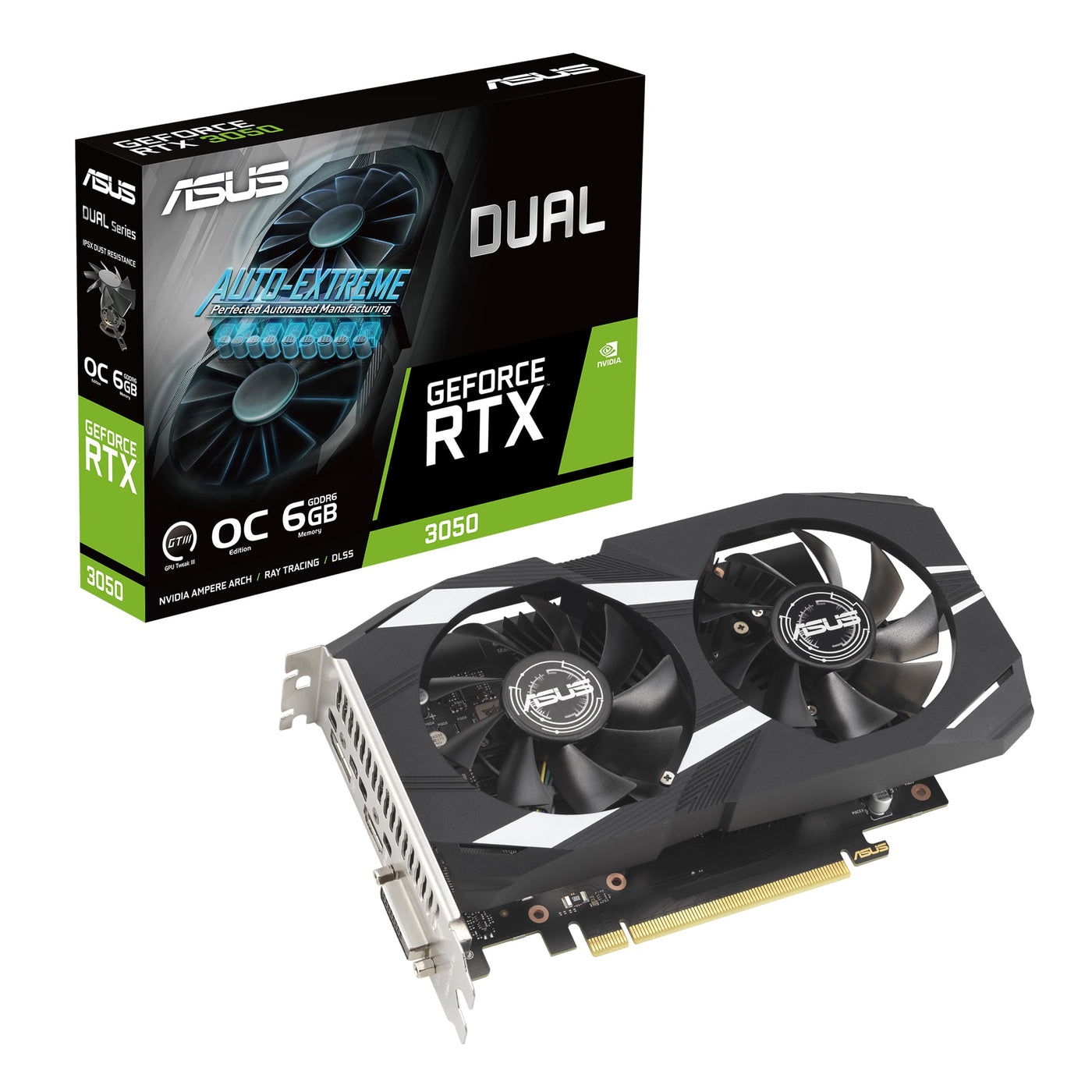 ASUS Dual GeForce RTX 3050 OC Edition 6GB GDDR6 Gaming Grafikkarte (Nvidia GeForce RTX3050 DLSS, PCIe 4.0, 1x HDMI 2.1a, 1x DisplayPort 1.4a, DUAL-RTX3050-O6G)