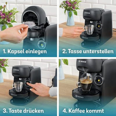 Bosch Tassimo finesse friendly Kapselmaschine TAS162E, 70 Getränke, intensiverer Kaffee auf Kopfdruck, Abschaltautomatik, nachhaltig, perfekt dosiert, 1400 W, schwarz/schwarz