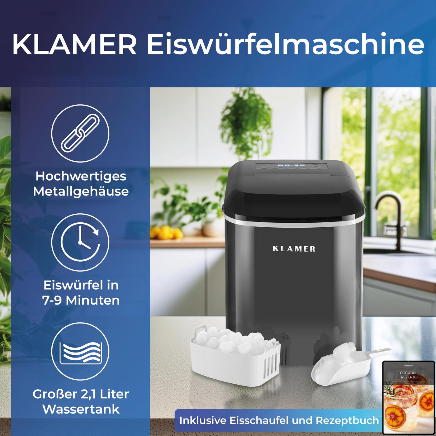 KLAMER Eiswürfelmaschine (2024), 10 Eiswürfel in 7-9 Minuten, 15 kg Eiswürfel pro Tag, 2 Eiswürfelgrößen, 2,1 L Wassertank, 120 W Ice Maker mit Timer, Leiser Eiswürfelbereiter mit Eisschaufel Schwarz