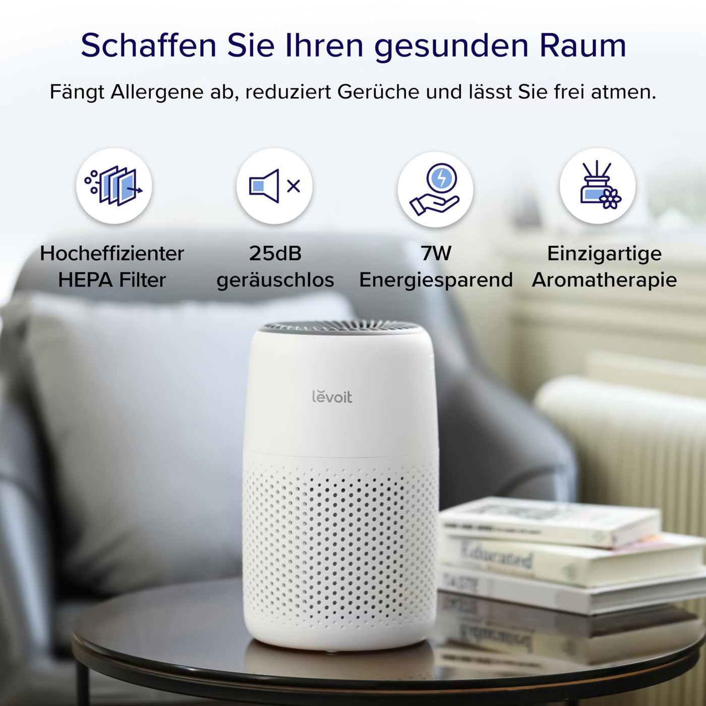 LEVOIT Luftreiniger Allergiker mit Aromatherapie, HEPA Luftfilter gegen Schimmel, Staub und Tierhaare bis zu 0,3 µm für Schlafzimmer, 7 Watt Energiesparend, 3 Geschwindigkeiten, 25dB, Weiß