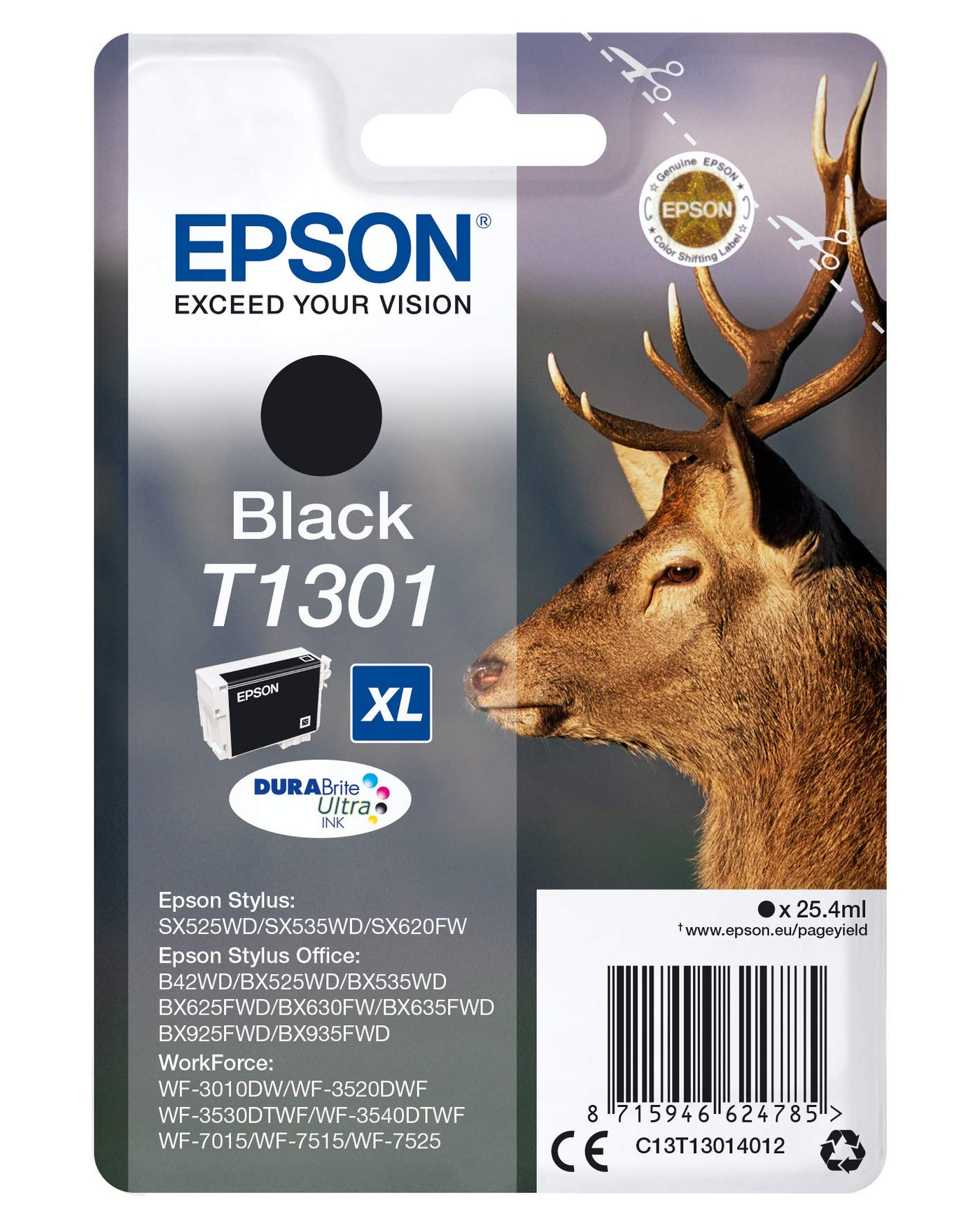 Epson Original T1301 Tinte Hirsch (SX420W BX320FW SX620FW BX/SX525WD BX625FWD BX305FW B42WD BX925FWD BX635FWD BX535WD SX435/440W BX630FW SX235W WF7015 7515 7525 3010 3520 3540) schwarz