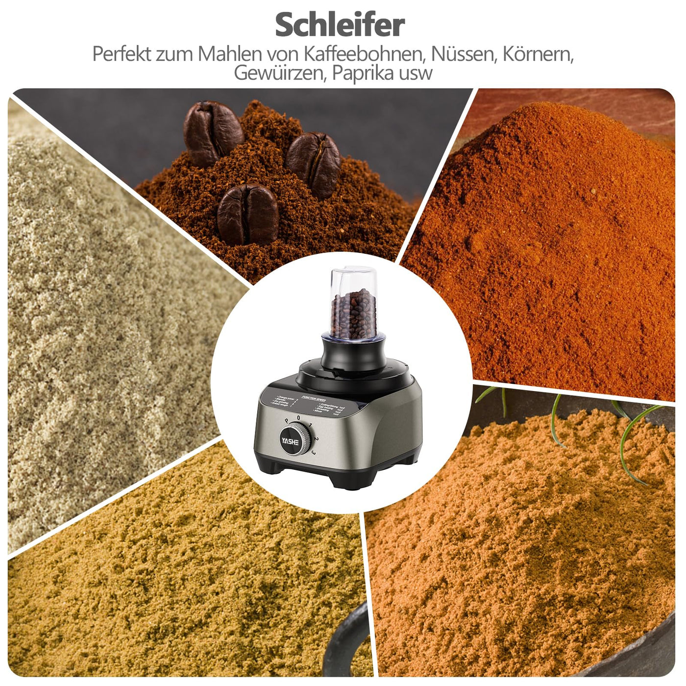 YASHE 11 in 1 Küchenmaschine, 1300W Multifunktionale Food Processor - 2,5 L Rührschüssel & 1,5 L Mixgefäß, Upgrade Schneidescheibe, Zitruspresse, Knetmaschine, Mahlwerk, Schneebesen, Zerkleinerer