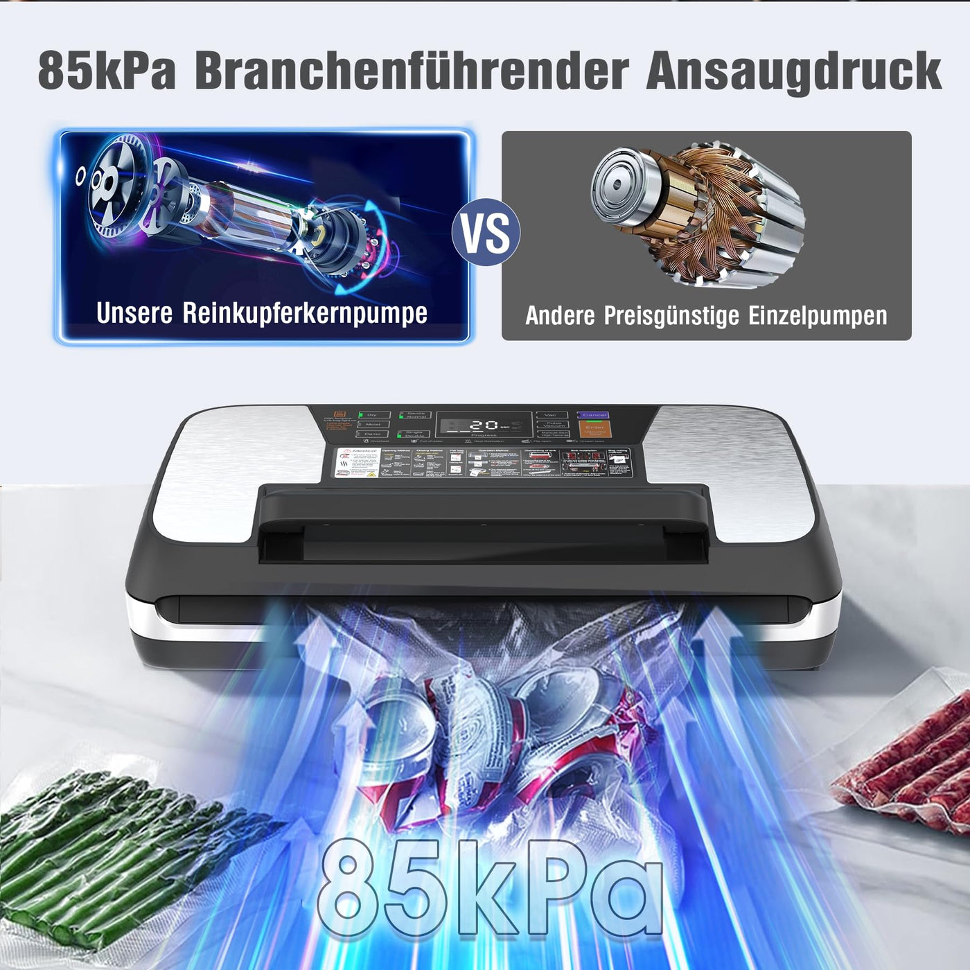 OidoZac 85kPa Vakumierergerät für Lebensmittel, 12-in-1 Folienschweißgerät mit Easy-Lock Griff, Vakuumiergerät Doppelte Schweißnaht, Eingebautem Schneider und Beutelspeicher, Abnehmbarer Tropfschale