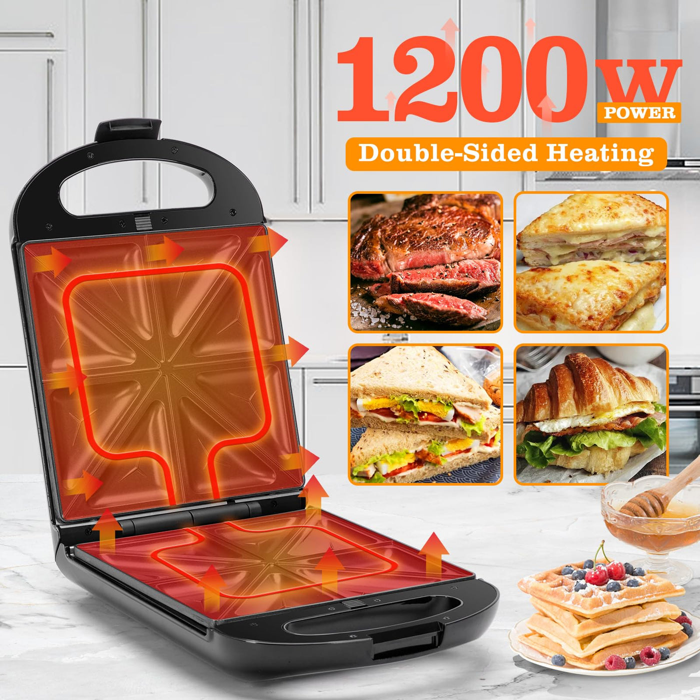 Taylor swoden - Bruno 3 in 1 Sandwichmaker, Waffeleisen, Backblech, 1200 W, für 4 Sandwiches, herausnehmbares Antihaft-Blech, 180° Wendung für schnelles und gleichmäßiges Backen, BPA-frei