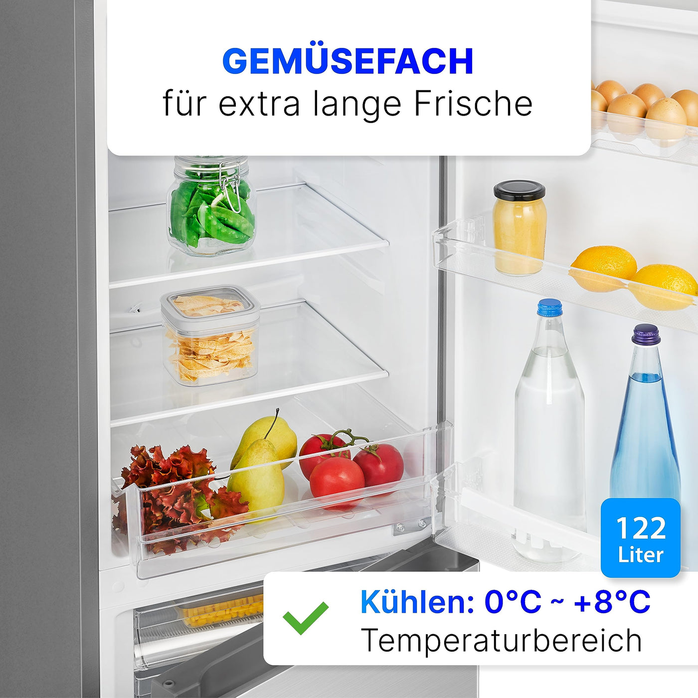 Bomann® Kühlschrank mit Gefrierfach 143cm hoch | Kühl Gefrierkombination 175L mit 3 Ablagen & 3 Schubladen | Türanschlag wechselbar | leise Kühlgefrierkombi 39db | Kühlschrank KG 320.2 inox