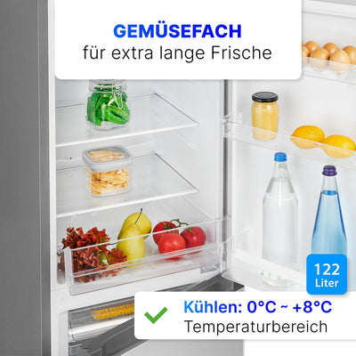 Bomann® Kühlschrank mit Gefrierfach 143cm hoch | Kühl Gefrierkombination 175L mit 3 Ablagen & 3 Schubladen | Türanschlag wechselbar | leise Kühlgefrierkombi 39db | Kühlschrank KG 320.2 inox