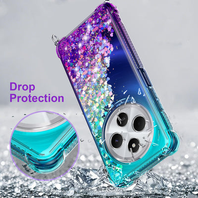 Handykette für Xiaomi Redmi 14C/Xiaomi Poco C75 Hülle mit Band mit Schutzfolie,Bling Silikon Durchsichtig Transparent Flüssig Glitzer mit Kette Kordel Treibsand Necklace Schutzhülle Case, Lila