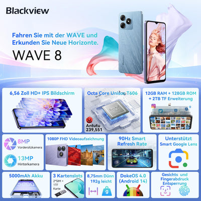 Blackview Wave 8 Handy Ohne vertrag Android 14, 12GB+128GB/2TB TF, 90Hz 6.56", 5000mAh Smartphone ohne vertrag Günstig, Octa Core, 13MP+8MP, Dual SIM/Fingerabdruck/GPS/OTG/Handytasche/Härtungsfolie