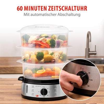 alpina Dampfgarer - Dampfmaschine 230V/800W - 3 Schicht Topf - BPA Frei - Dampftopf Spülmaschinenfest - in 0 bis 60 Minuten Einsatzbereit - 9 Liter Fassungsvermögen - Kunststoff/RVS - Grau