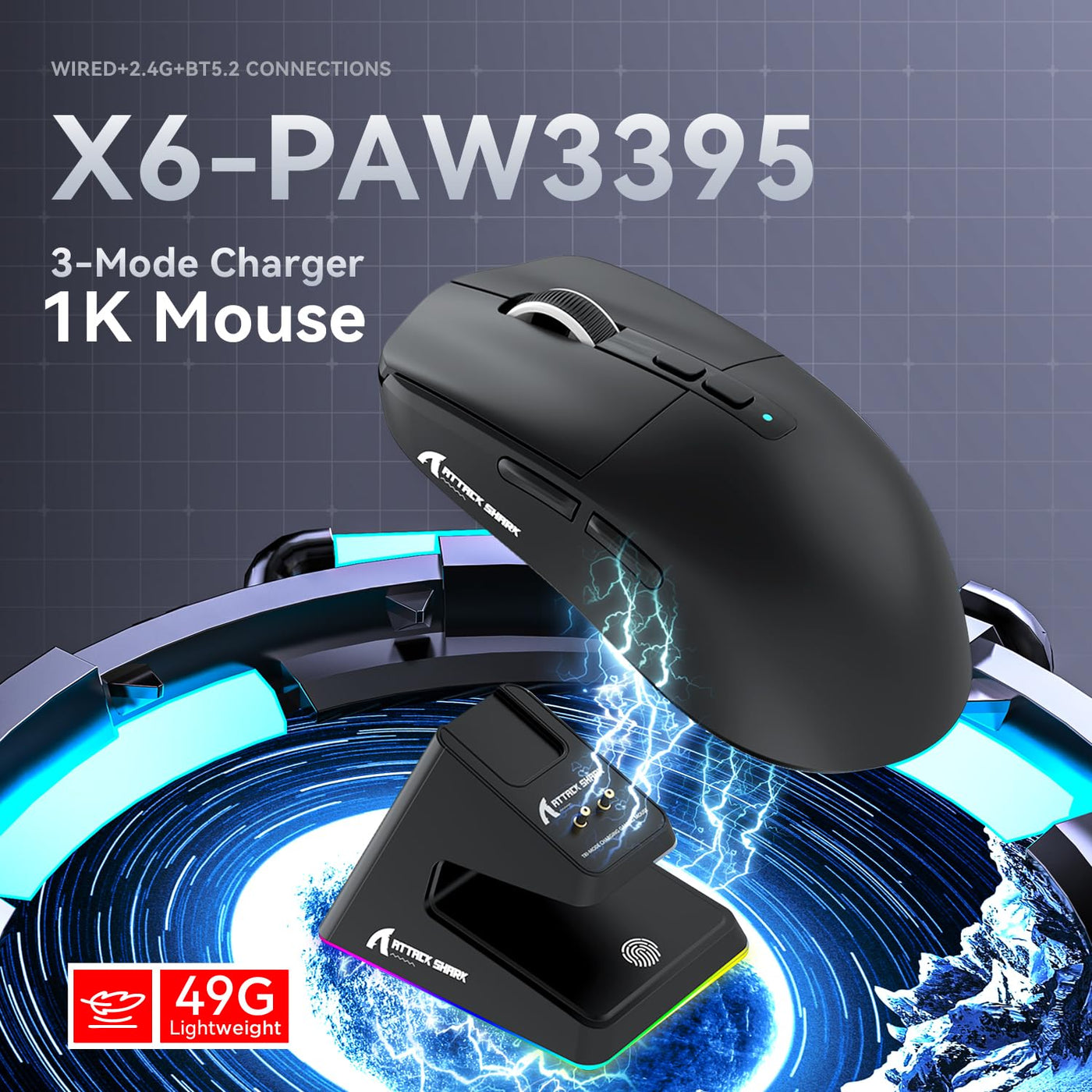 ATTACK SHARK X6 49g SUPERLIGHT Maus mit magnetischer Ladestation, PixArt PAW3395 Gaming-Sensor, BT/2,4G kabellose/kabelgebundene Gaming-Maus, 26000 DPI, X3 verbesserte Office-Mäuse für Win11 (Schwarz)