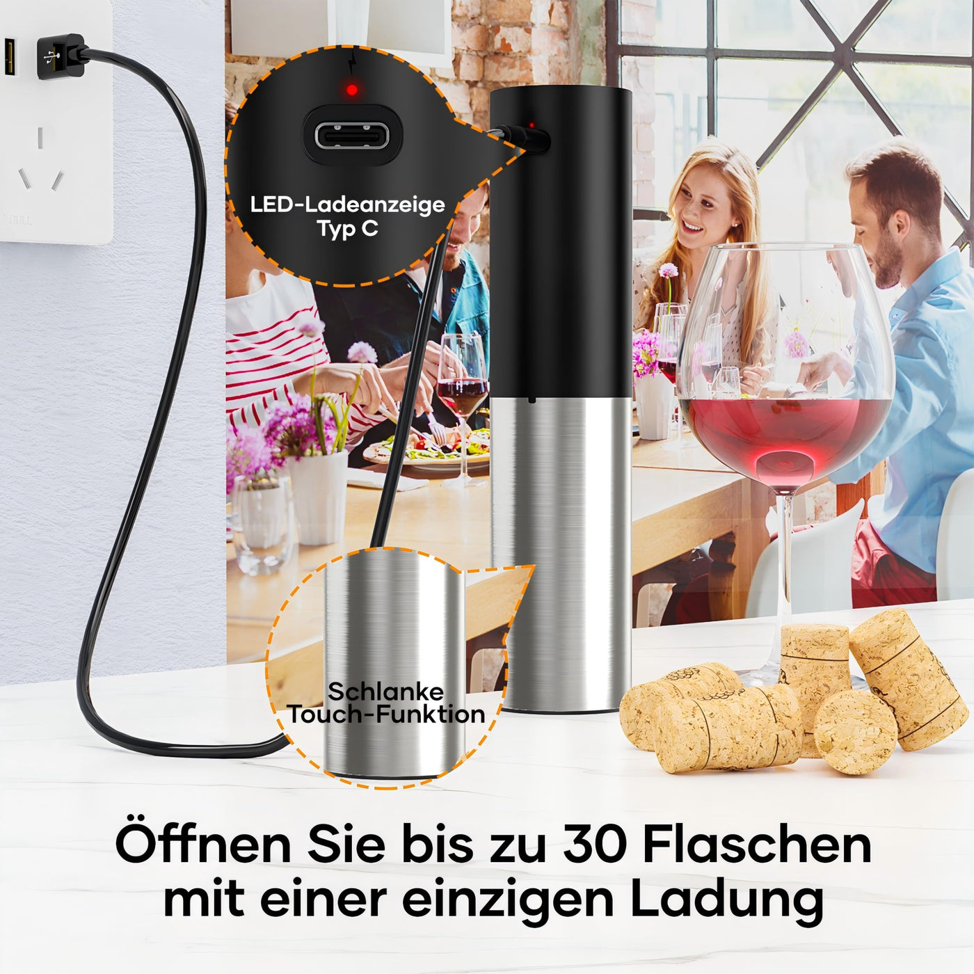 Korkenzieher Elektrisch, Assark Weinflaschenöffner Set, Automatischer Flaschenöffner, Geschenkidee Weinflaschenöffner, Korkenzieher Wein mit Folienschneider, USB-Kabel, Vakuumstopfen und Weinausgießer