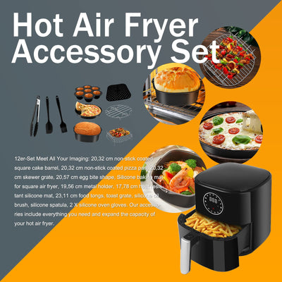 Airfryer xxl zubehör quadrat heißluftfritteuse,12er-Pack, heissluft fritteuse zubehör passt für COSORI PHILIPS INNSKY KLAMER PRINCESS NINJIA TEFAL 5,5L 6,2L air fryer, Schwarz