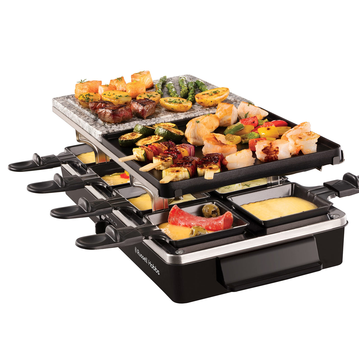 Russell Hobbs Raclette Grill 8 Personen [inkl. 8 Pfännchen und Holzspachtel, 2 Tischgrill-Platten] Multi-Grill (Naturstein mit Saftrinne, antihaftbeschichtete Wendeplatte geriffelt) Schwarz,26280-56