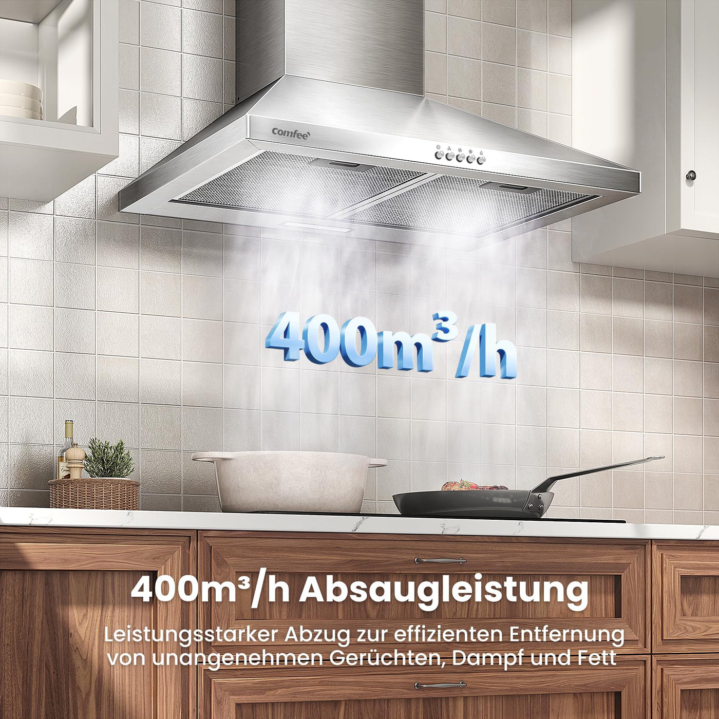 COMFEE' CHT 3.6B Dunstabzugshaube 60cm Umluft & Abluft, Wandhaube mit Aktivkohlefilter, 400m³/h Luftstrom, 5 Schichten Waschbarer Fettfilter, 3 Stufen, Einstellbarer Kamin, 1 LED-Licht, Silver