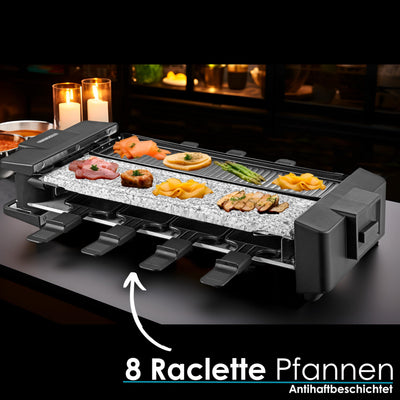 Steinborg Raclette Grill 2in1 8 Personen Raclette Gerät Raclettegrill Party Grill Elektro Grill Tischgrill Massive Naturstein- und beschichtete Grillplatte Heizelement aus Edelstahl 180° rotierbar