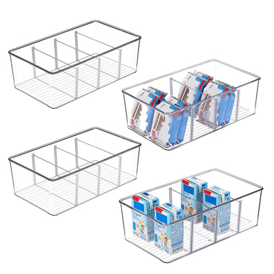 Vtopmart Lot de 4 organiseurs de réfrigérateur avec 4 compartiments, boîte de rangement alimentaire empilable sans BPA pour sachets de thé, collations, épices, transparent