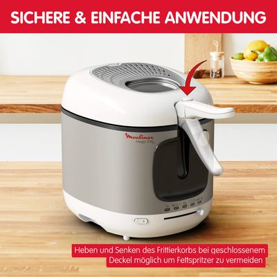 Moulinex AM4800 Mega 2kg Fritteuse | Fritteuse mit Öl | Anti-Geruchs-Filter | regelbare Temperatur | leichte Reinigung | knusprige Pommes | 1.800 Watt | für bis zu 8 Personen | Weiß/Silber | Gross