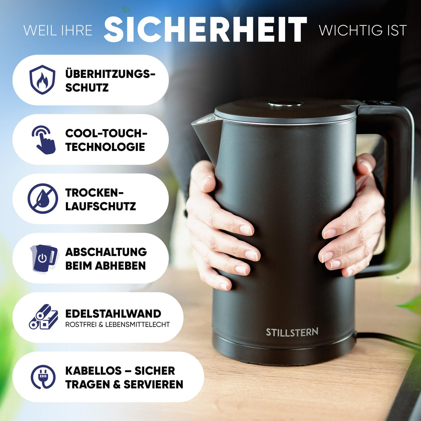 Stillstern Wasserkocher mit Temperatureinstellung [1,7L | 40-55-70-85-100°C], 12 Std. Warmhalten, Präzisionsausguss aus Edelstahl, Anti-Fingerprint, Schnelles Aufheizen [2200W], Leise, Stabiler Halt