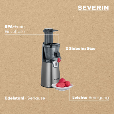 SEVERIN Slow Juicer – Entsafter für Saft, Sorbet, Eis, Marmelade uvm., elektrische Saftpresse aus Edelstahl, einfache Reinigung dank Easy-Clean Konzept, 1L Auffangbehälter, 150 Watt, ES 3571