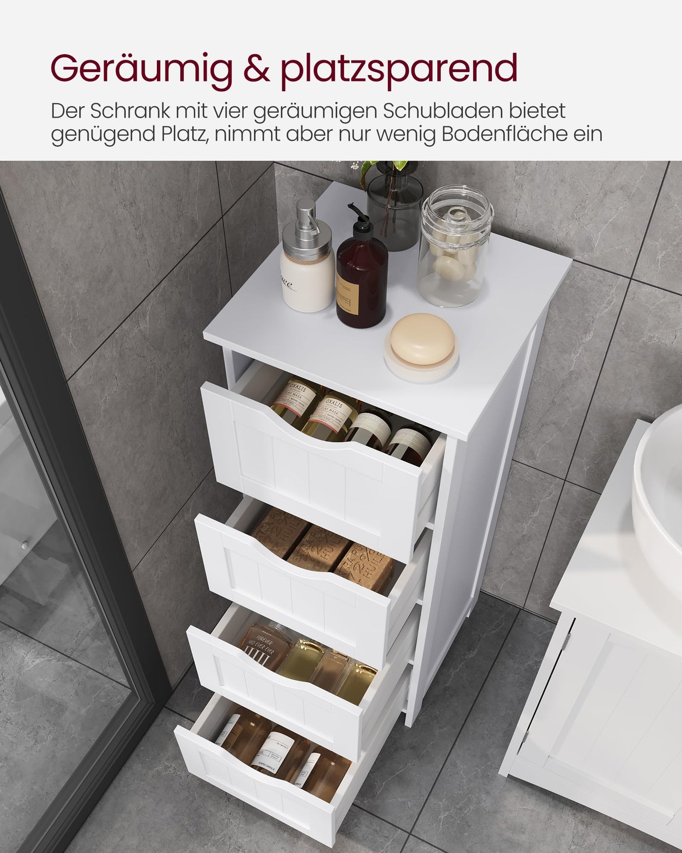 VASAGLE Badezimmerschrank, Badschrank, Beistellschrank mit 4 Schubladen, 30 x 30 x 82 cm, für Badezimmer, Wohnzimmer, Esszimmer, Küche, modern, weiß LHC40W