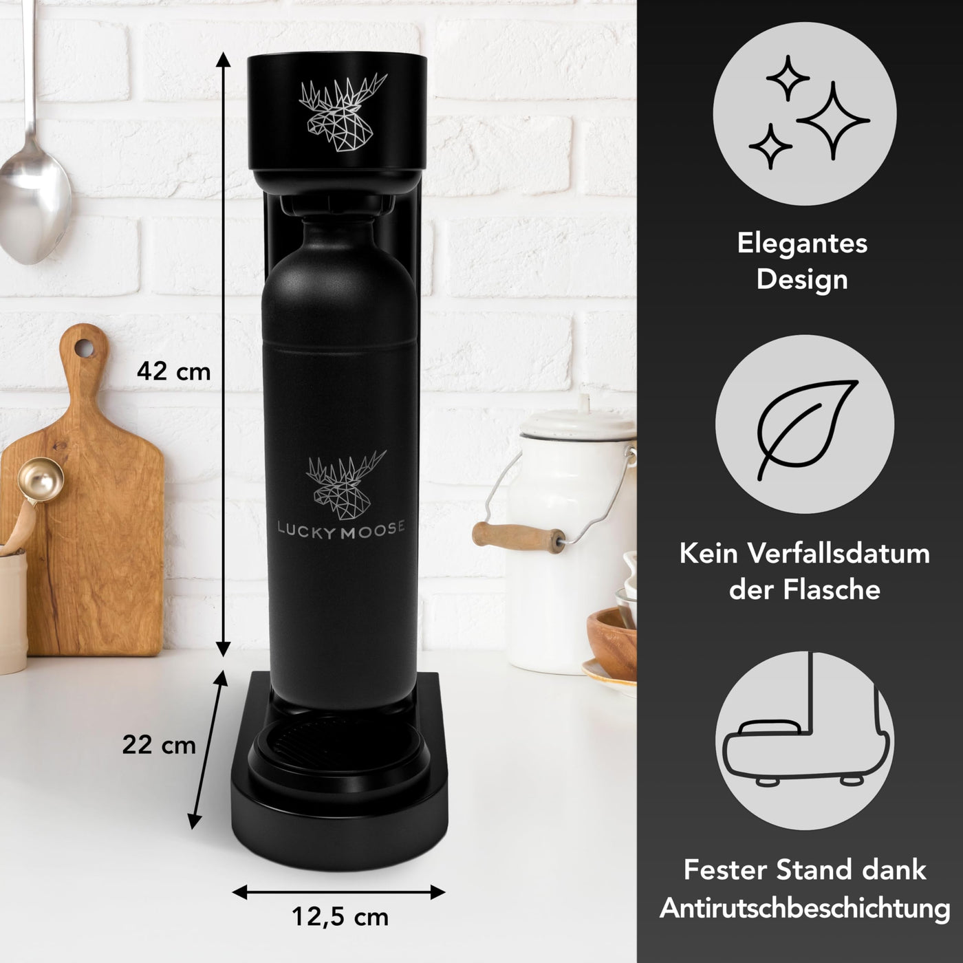 Luckymoose® Infinity Wassersprudler mit 2x 1,25L Edelstahlflaschen - Spart bis zu 25% CO2 dank Stopp-Automatik - Flaschen spülmaschinenfest & ohne Ablaufdatum (2x Schwarz)