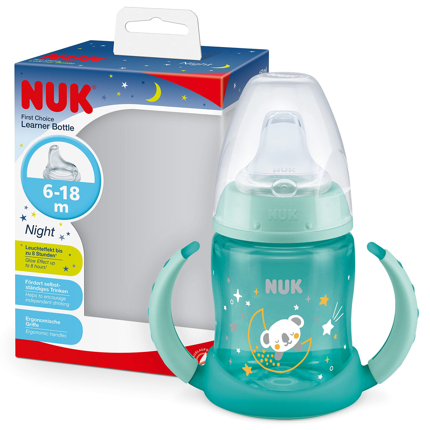 NUK First Choice Trinklernbecher Night | 150ml | Leuchtet zum einfachen Finden im Dunkeln | Mit Haltegriffen & weichem Trinkschnabel | Auslaufsicher | 6−18 M | Anti-Colic | BPA-frei | Koala (türkis)