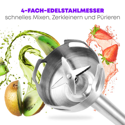 ProfiCook® Stabmixer | Edelstahl | 1000 Watt | Extra langer 27 cm Stab | Geschwindigkeitsregulierung | ergonomischer Soft-Touch-Griff | 4-fach Edelstahlmesser | Abnehmbarer Mixstab | PC-SM 1094