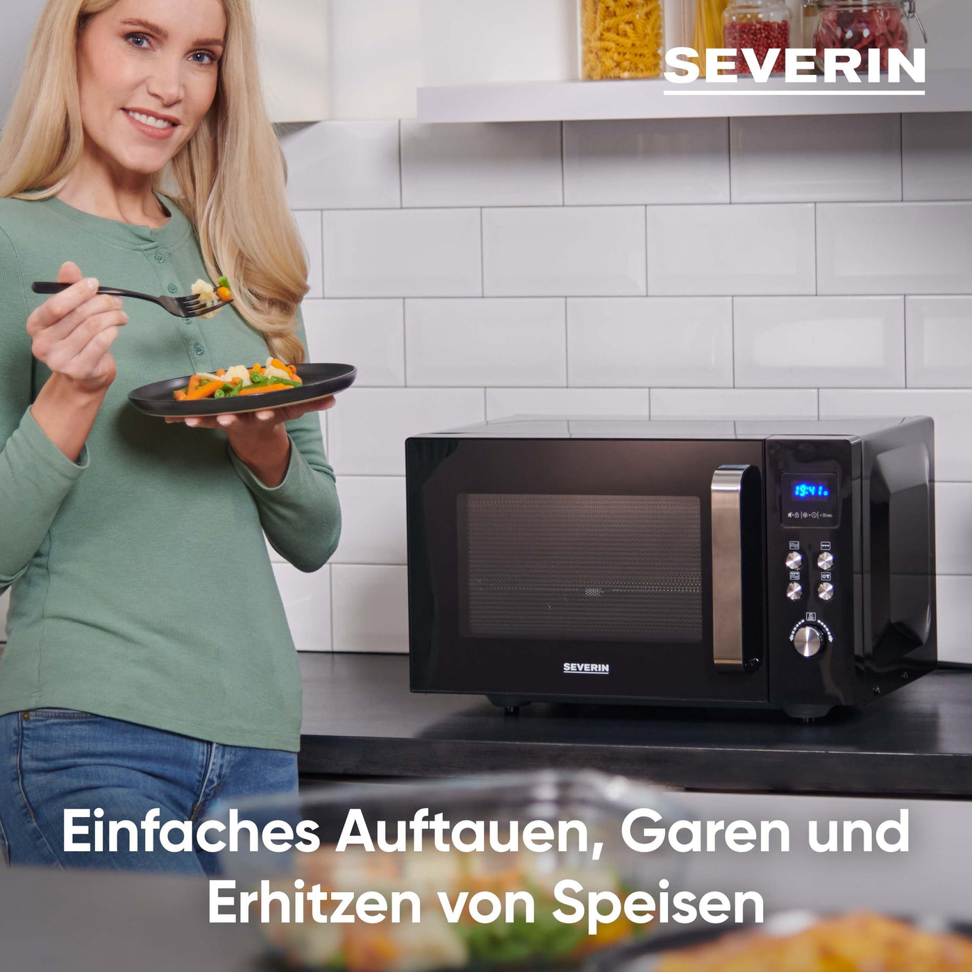 SEVERIN 2-in-1 Mikrowelle mit Grill, Grillen auf 2 Ebenen, flacher Glasboden statt Drehteller, XXL-Nutzfläche, leichte Reinigung, 9 Automatikprogramme, Mikrowellengerät, 25L, Schwarz, MW 7763