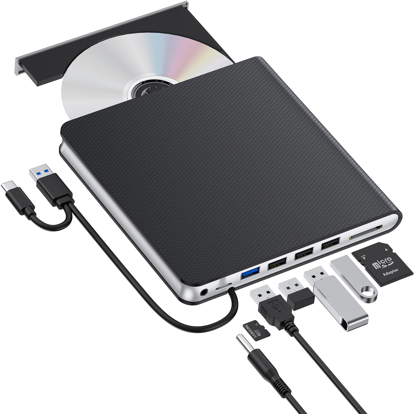 Externes CD DVD Laufwerk USB 3.0 & Type-C DVD Laufwerk Extern mit 4 USB & SD/TF, DVD RW Brenner Externes CD Laufwerk für Laptop, PC, Desktop, MacBook, iMac, Windows 11/10/8/7/XP/Linux/Vista/MacOS