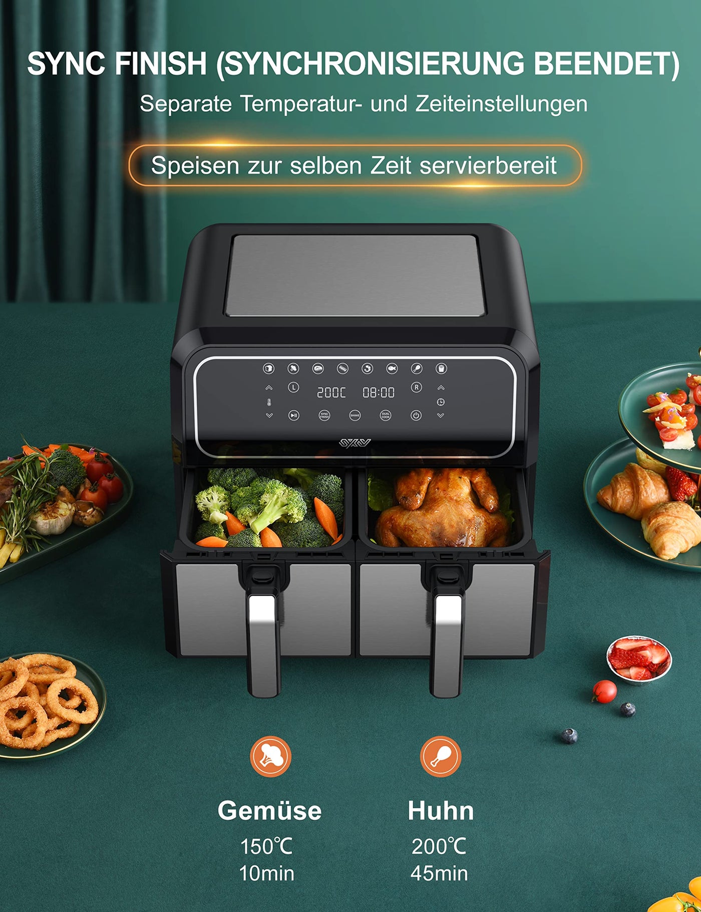 Innsky Dual Zone Heißluftfritteuse 2 Kammernr 8L, 8 Programmen Heissluftfritteuse Doppelt, Airfryer mit 2 Körben, Friteuse Heissluft ohne Öl, Dual Cook, Synchronisieren Fertig Technik, Shake-Modus