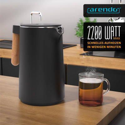 Arendo - Wasserkocher Edelstahl mit Temperatureinstellung - 45°C-100°C - 1.5 Liter - Doppelwand - BPA frei - Warmhaltefunktion - Teekocher mit Temperaturanzeige - Griff Cool Touch - Schwarz