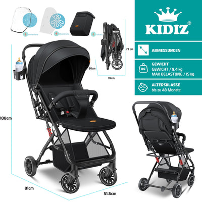 KIDIZ® Kinderwagen Kinderbuggy klappbar Liegebuggy Sportwagen Faltbar 360° Räder 5-Punkt Gurt Inkl. Fußsack, Getränkehalter, Regenabdeckung & Moskitonetz verstellbare Rückenlehne & Sonnenverdeck